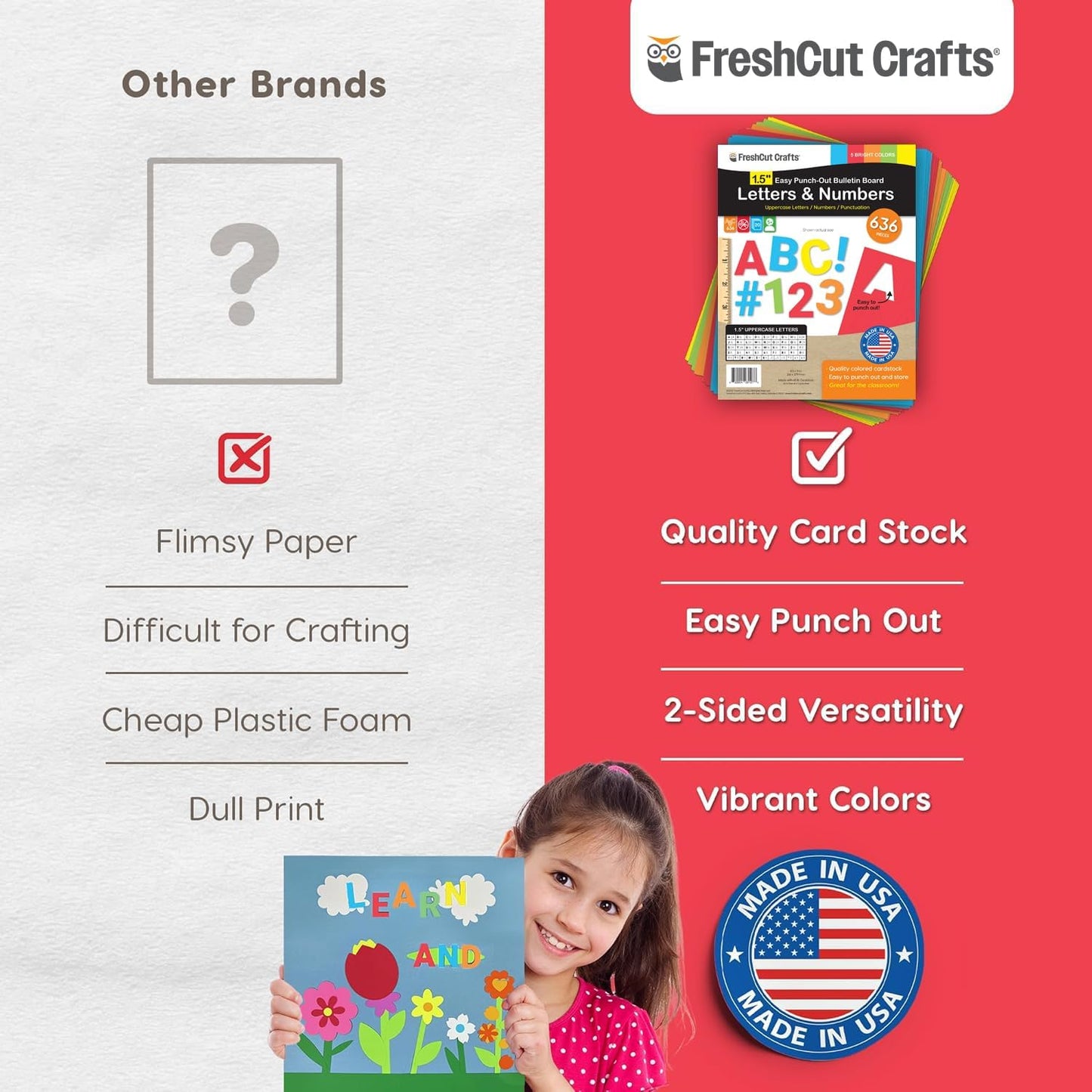 FreshCut Crafts 636 Pcs 1.5 in. Bright Bulletin Board Letters & Numbers, Capital Alphabet Letters, Numbers, Punctuation, US Made Card Stock Punch Outs for Posters, Bulletin Boards, Classroom