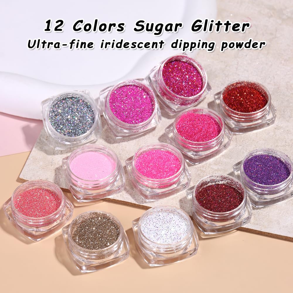 Holographic Sugar Glitter Powder for Nails, 12 Colors Iridescent Sugar Nail Dipping Powder Pigment Ultra Fine Sparkle Nails Gel Polish Glitter Dust Manicure Decoration for Home DIY Salon