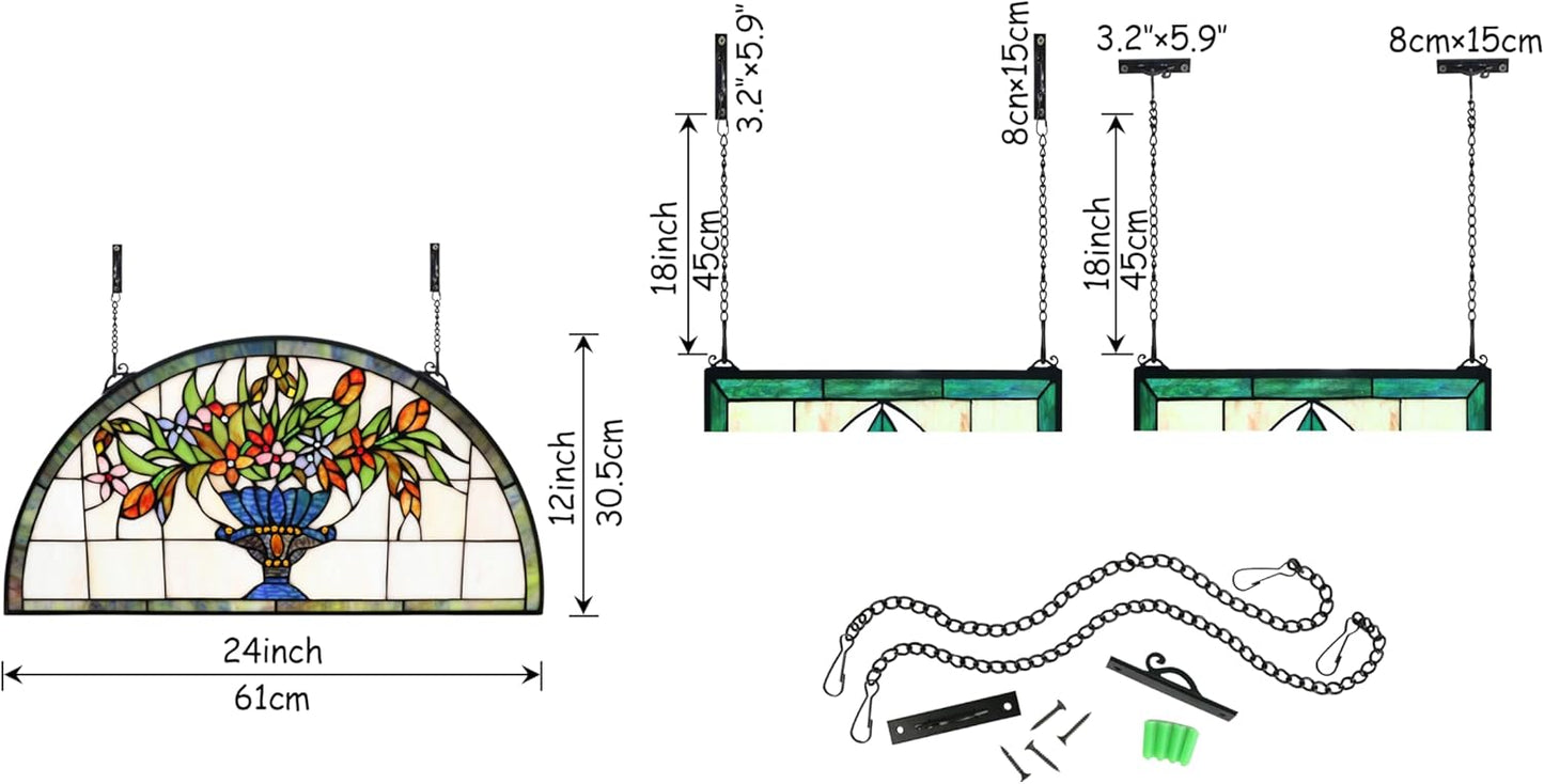 24 inch Flower Stained Glass Window Hanging Half Moon Shade,100% Real Stained Glass Panelfor Home Decor(YLK005)