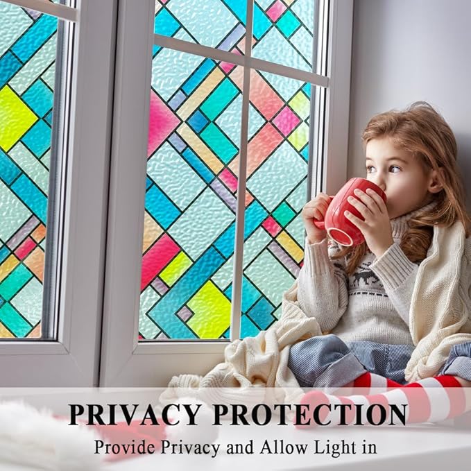 Window Film Privacy Classy Colorful Glazed Tiles Stained Glass Sliding Door Coverings Static Cling Frosted Church Tints Cover Contact Paper Non-Adhesive Heat Control Anti UV Reusble,35x78.7in.