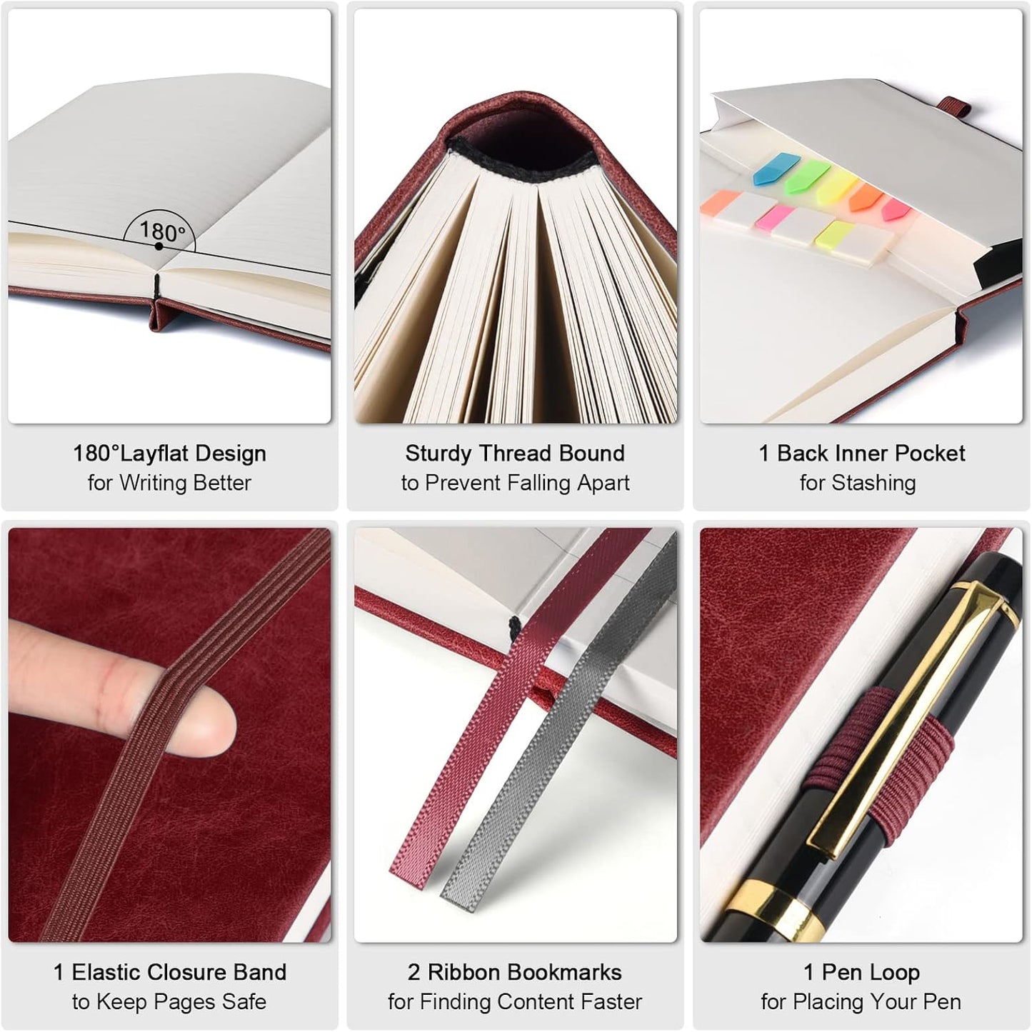 5 Pack College Ruled Notebook, 312 Numbered Pages Thick Notebooks Bulk, 100gsm No Bleed Paper Hardcover Leather Journal, Lined Journal Notebook Set for Women Men School Office, A5, Burgundy