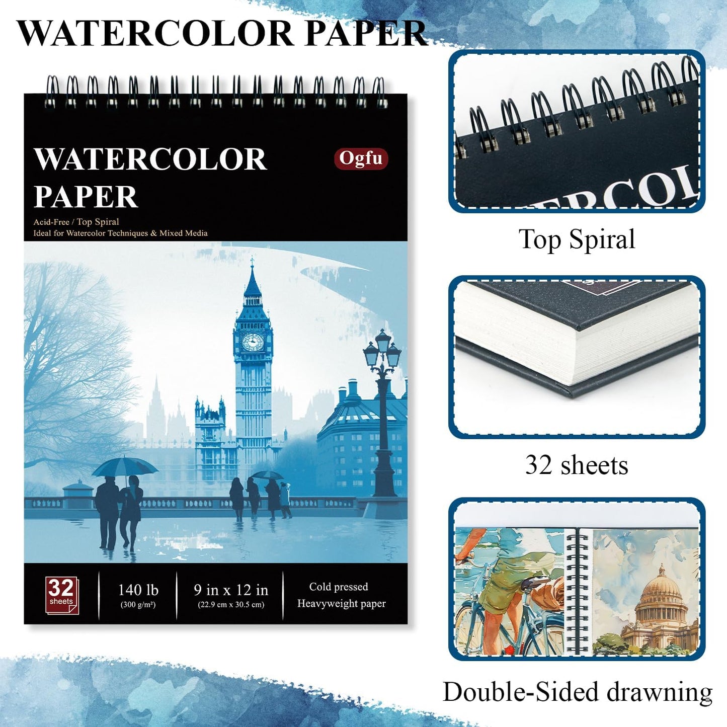 9"x12" Watercolor Sketchbook, 32 Sheets Watercolor Notebook, 140 lb / 300 GSM Watercolor Paper Sketchbook, Pack of 1, Cold Press, Watercolor Paper Pad, Water Color Paper for Artists & Professionals.