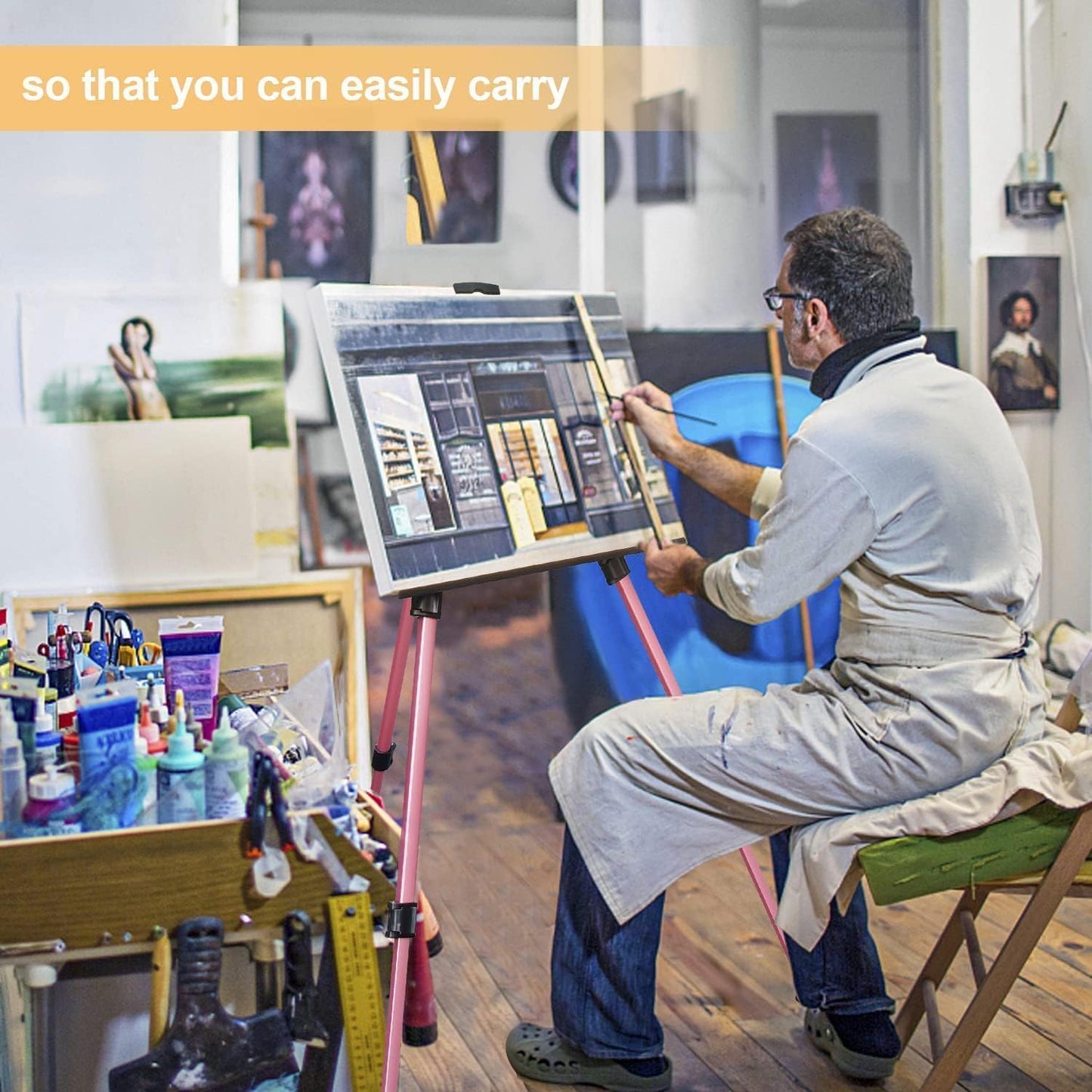 RRFTOK Artist Art Painting Easel Stand, Aluminum Metal Adjustable Easel for Painting Canvases Height from 17 to 66 Inch,Carry Bag for Table-Top/Floor Drawing,Painting and Displaying(2pack,Pink)