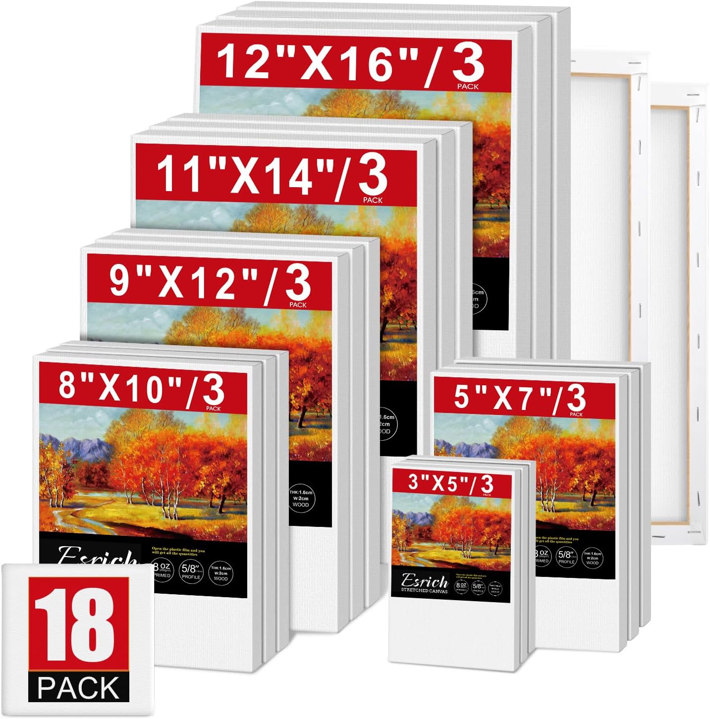 ESRICH Stretched Canvas for Painting,18 Multi Pack Blank Canvases for Painting 12x16, 11x14, 9x12, 8x10, 5x7, 3x5, Cotton Primed Painting Canvas for Oil, Acrylic Paint, for Beginners, Artists.