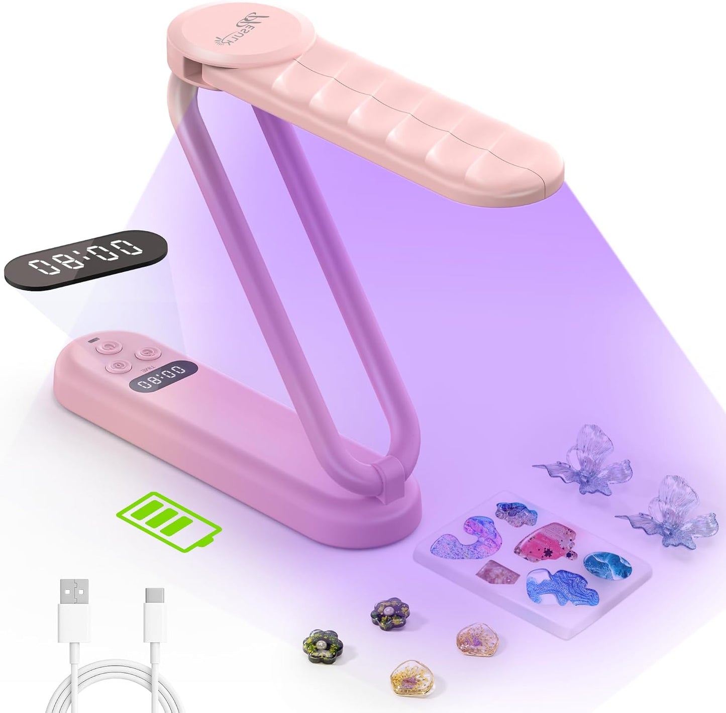 PPESULK UV Light for Resin Curing, 3000mAh Rechargeable Fast UV Resin Lamp with Timer and 34 Beads, Cordless Portable Resin Curing Machine for Resin Molds, Jewelry Making & DIY Crafts(Pink)