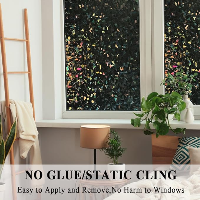 100% Light Blocking Privacy Window Film Blackout 3D Prism Sliding Glass Door Tint Room Darkening Rainbow Static Cling Heat Control Anti UV Removable Cover Decal Contact Paper Home Office,35x78.7in.