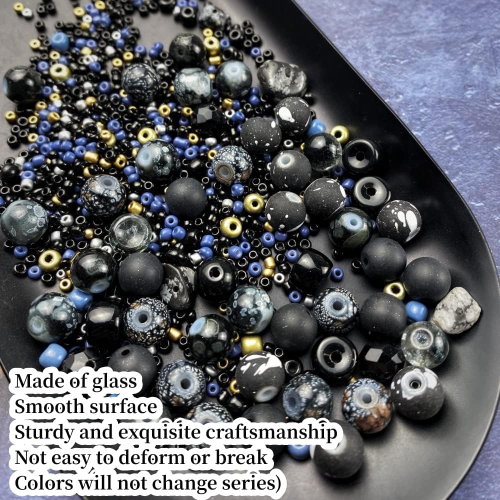 Assorted Glass Resin Beads Multi Size Colors Smooth Cracked Gravel Millet Spacer Beads for Bracelets Necklace Earring DIY Jewelry Making Craft(Black Series)