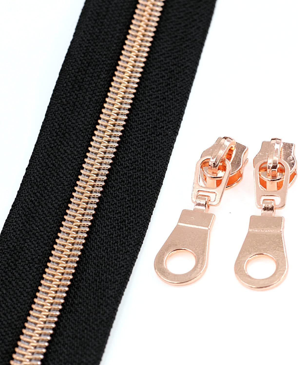 Leekayer #5 Rose Gold Metallic Nylon Coil Zippers by The Yard Bulk 10 Yards Black Tape with 25pcs Rose Gold Sliders for DIY Sewing Tailor Craft Bag(Black)