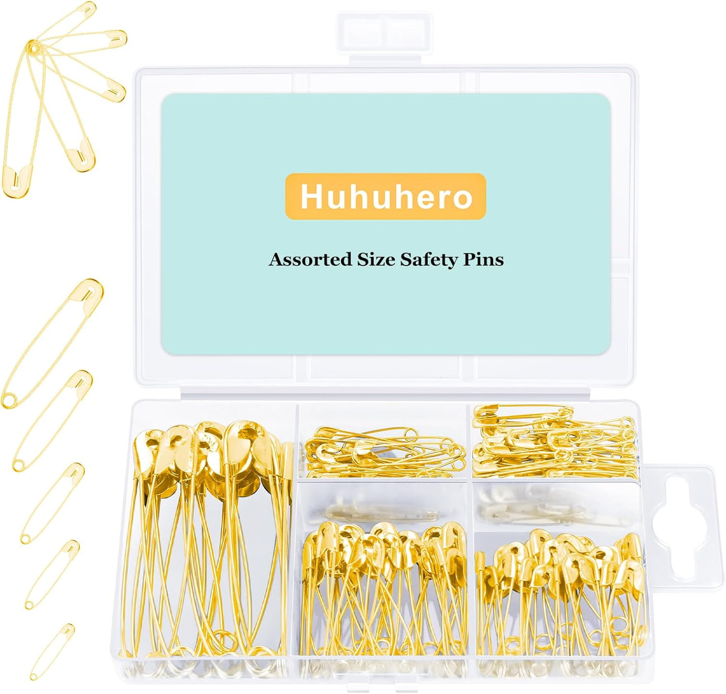 Huhuhero Safety Pins Assorted, 160-Pack 5 Different Sizes Small and Large Safety Pins for Clothes Fabric Costume, Nickel Plated Steel Pin Bulk, Sewing Arts Crafts Supplies, Gold