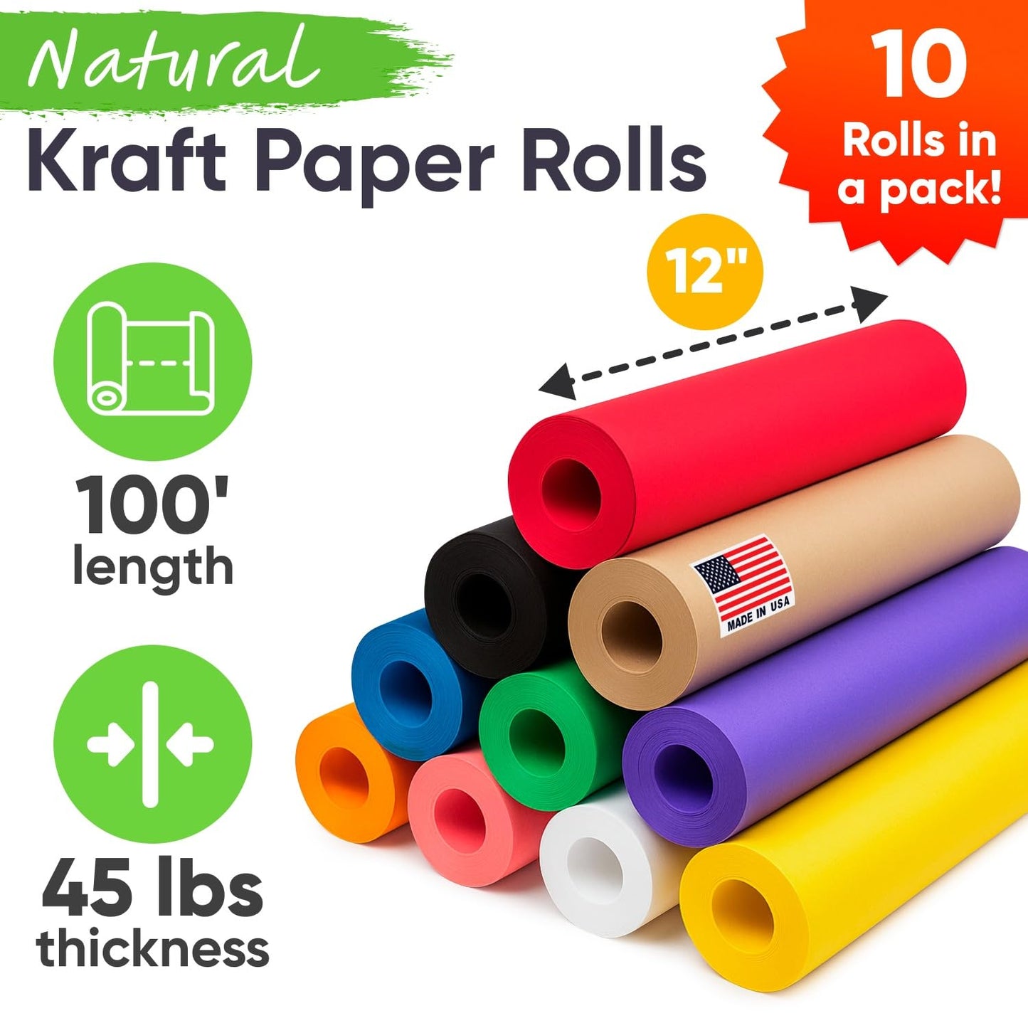 12" x 1200" (100 ft) Pack of 10 Rolls USA-Made Multi-Color Kraft Paper Rolls, 45 lbs/66 GSM – Colored Kraft Paper for Packing, Crafts, DIY Projects, Gift Wrapping – Non-toxic, Safe for Kids