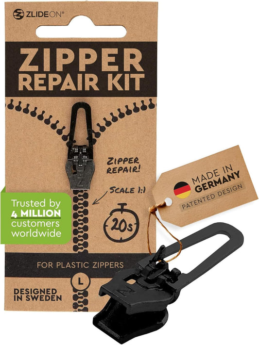 ZlideOn Zipper Pull Replacement - Black, Normal (L) - Instant Zipper Replacement Slider for Plastic Zippers