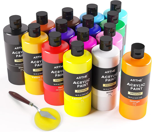ARTME Acrylic Paint Set, 15 Unique Colors (16oz/473ml) Large Bulk Acrylic Paint Non Toxic, Waterproof, Rich Pigments Perfect for Artists, Students Painting on Canvas Stone Wood Fabric Ceramic Crafts