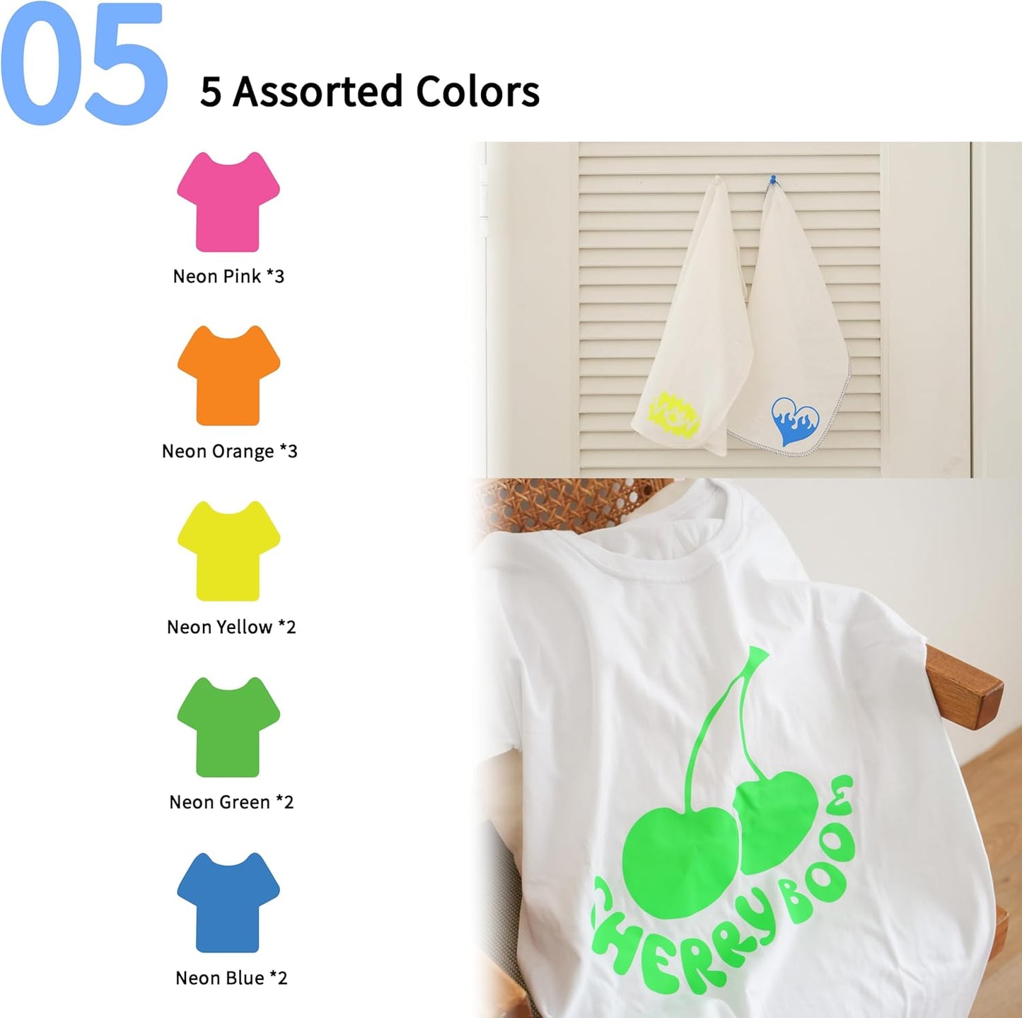 QuuCut Heat Transfer Vinyl Bundle: 12 Pack 12" x 10" Sheets, 5 Neon Vinyl Assorted Full Matte Color, Pink Neon Iron on Vinyl Neon Green for T-Shirts, Cricut & Silhouette - Easy to Cut & Weed