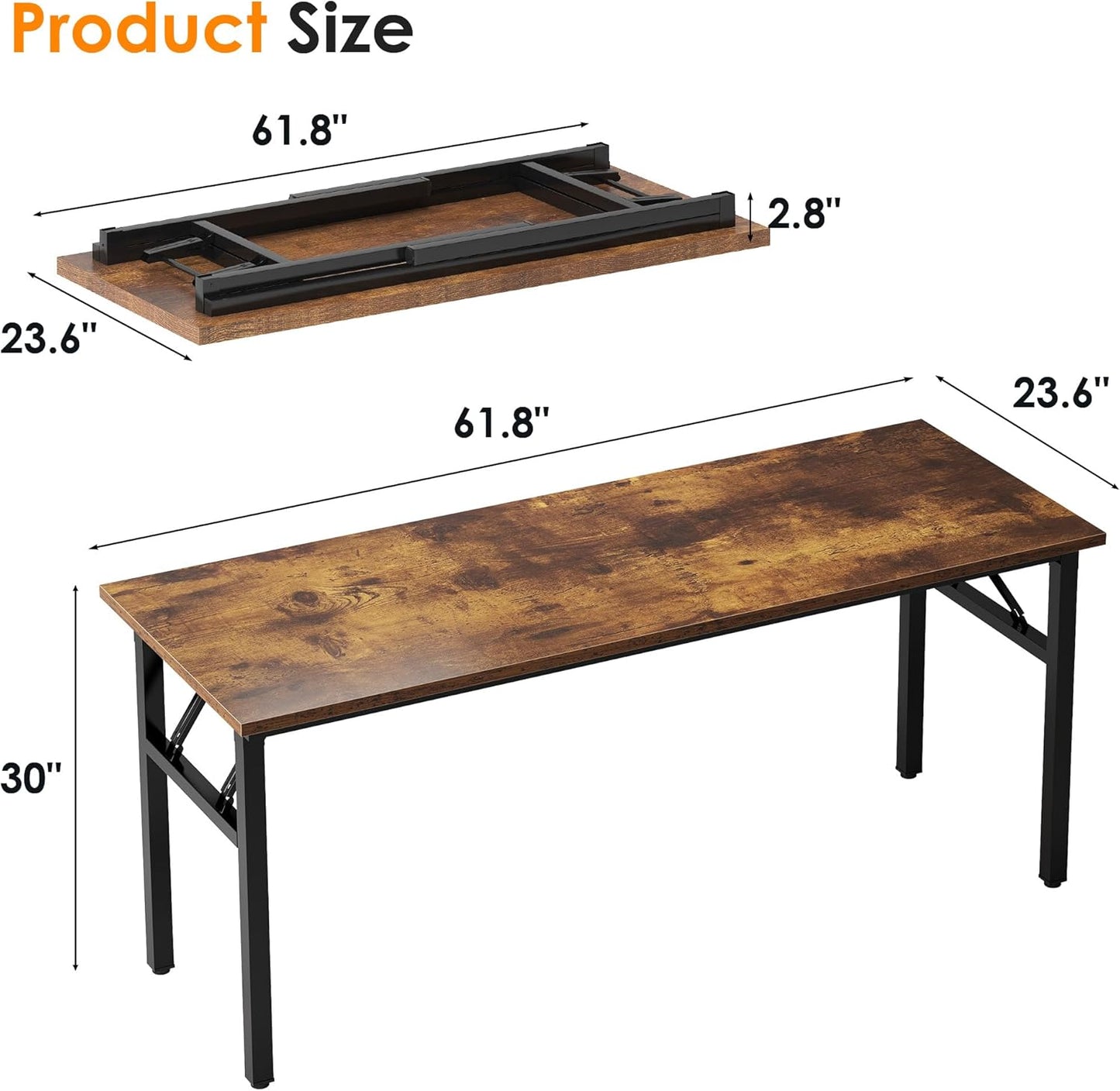 Need Large Computer Desk, 62 inches Long Office Desk, No Install Needed Folding Table Writing Table Workstation for Small Space, Rustic Brown