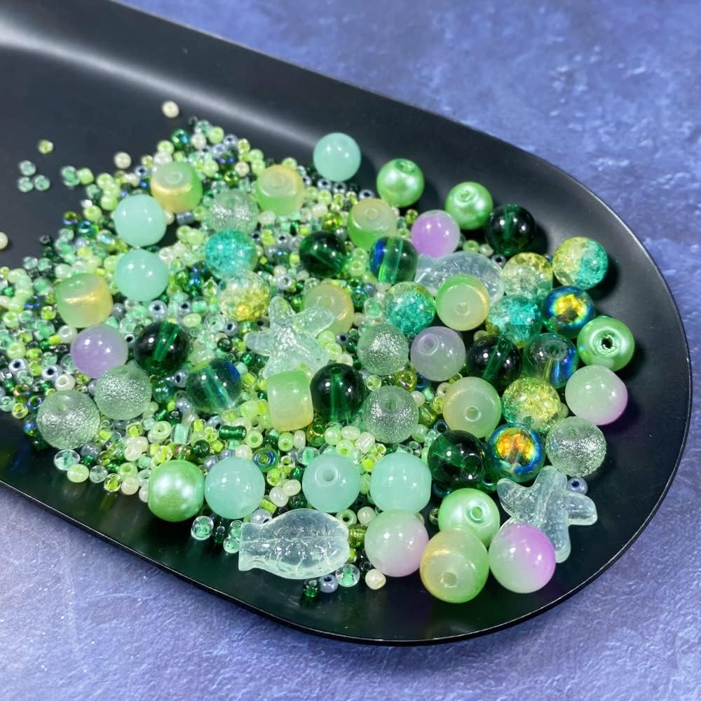 Assorted Glass Resin Beads Multi Size Colors Smooth Cracked Gravel Millet Spacer Beads for Bracelets Necklace Earring DIY Jewelry Making Craft(Xizi Green Series)