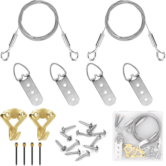 2 Pack Picture Hanging Wire Kit, Heavy Duty Picture Wire Kit for Frames & Mirrors up to 50lbs, Includes Adjustable 2m Steel Wires, D Rings & Screws, Wall Hanging Kit for Home & Gallery Use