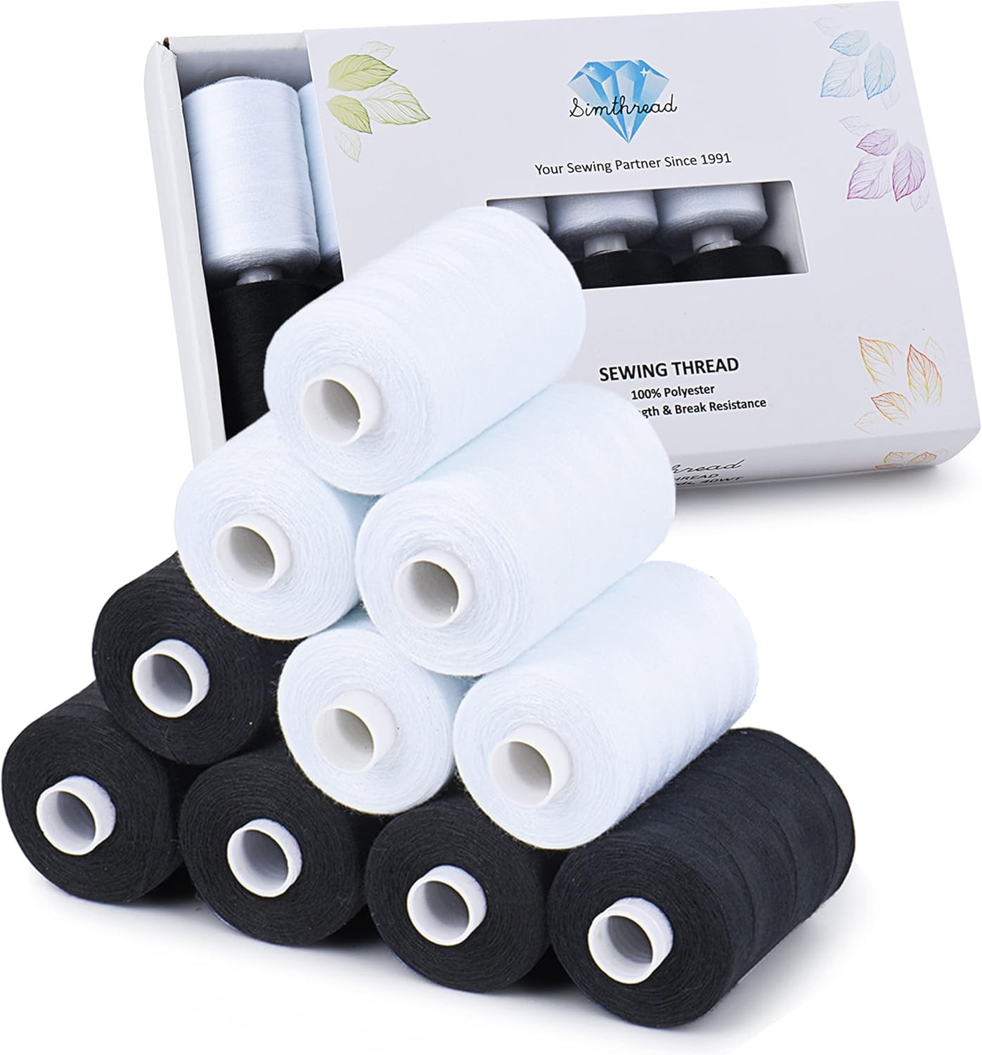 Simthread All Purpose Sewing Thread, 10 Spool (5 White+ 5 Black) 1000 Yards Each Bobbin Polyester Thread for Sewing, Handy Polyester Sewing Threads for Sewing Machine - (White and Black Series)