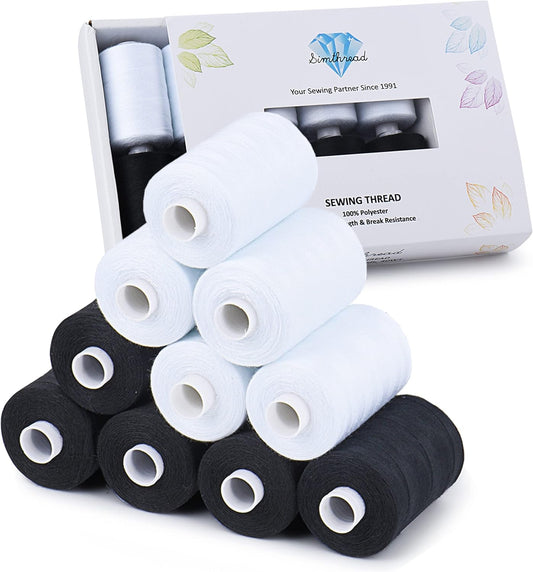 Simthread All Purpose Sewing Thread, 10 Spool (5 White+ 5 Black) 1000 Yards Each Bobbin Polyester Thread for Sewing, Handy Polyester Sewing Threads for Sewing Machine - (White and Black Series)