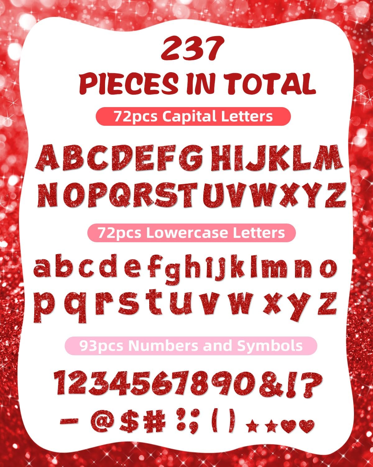 237 Pcs Glitter Bulletin Board Letters, Numbers and Punctuation, Poster Board Letters Alphabet Cut Out Cardboard Letters Accessories for Classroom Display Decorating Supplies 4inch (Red)