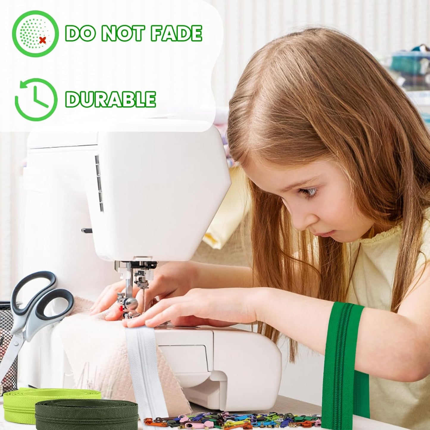 DOITEM 15.3 Yards/ 14 m 5 Pieces Assorted Colors #3 Nylon Coil Zippers, Sewing Zippers Endless Zips with 20 Pieces Zipper Sliders Zip Heads for DIY Sewing Tailor Craft Supplies (Green White)