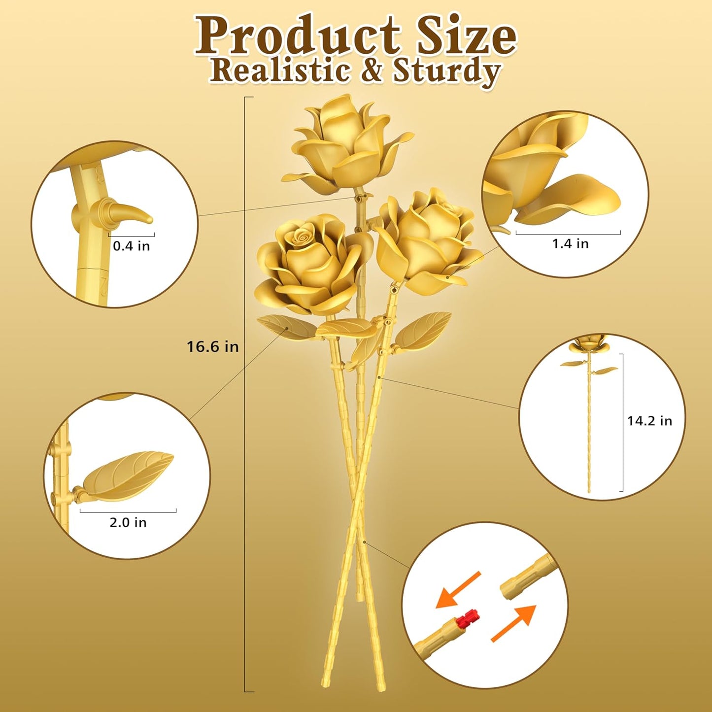 Gold Roses Flower Building Set - 3 Roses Bouquet Botanical Building Blocks for Adult, Home Decor Romantic Anniversary Valentine's Day Gift for Her, Wife, Girlfriend, Mom