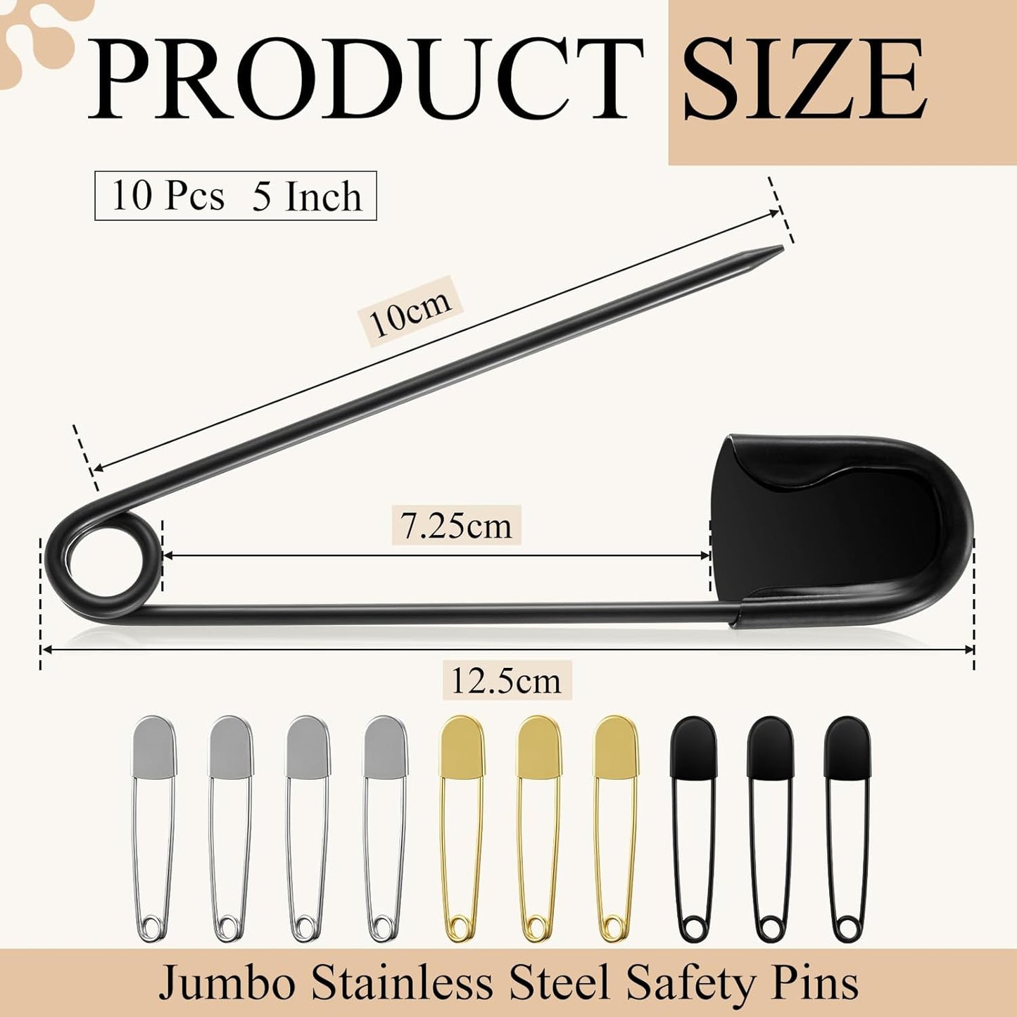 Juexica 10 Pcs 5 Inch Jumbo Stainless Steel Safety Pins Large Heavy Duty Huge Strong Laundry Pins for Upholstery Sewing Quilting Key Rings Craft Outdoor (Black,Silver,Gold)