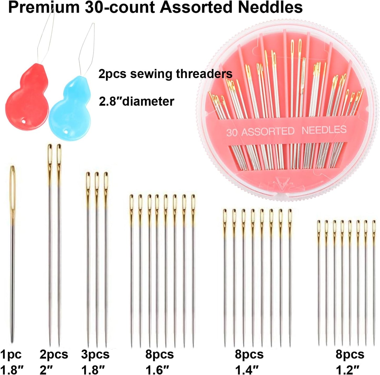 Eketirry 120pcs Premium Hand Sewing Needles，4 Pack 30-Count Assorted Needles for Sewing Repair, 6 Different Sizes Sewing Needles with 2 Threaders (Pink& Black,2)