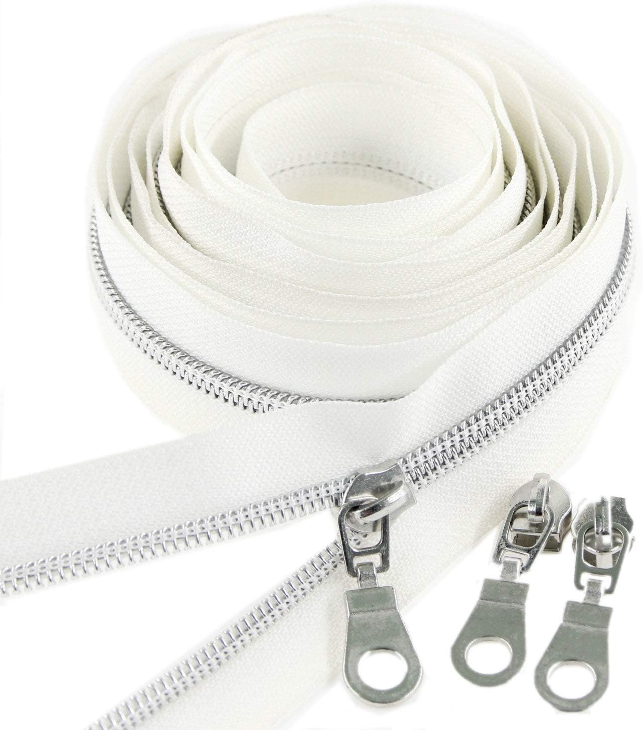Leekayer #5 Silver Metallic Nylon Coil Zippers by The Yard Bulk 10 Yards White Tape with 25pcs Silver Sliders for DIY Sewing Tailor Craft Bag(White)