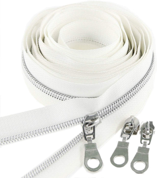 Leekayer #5 Silver Metallic Nylon Coil Zippers by The Yard Bulk 10 Yards White Tape with 25pcs Silver Sliders for DIY Sewing Tailor Craft Bag(White)