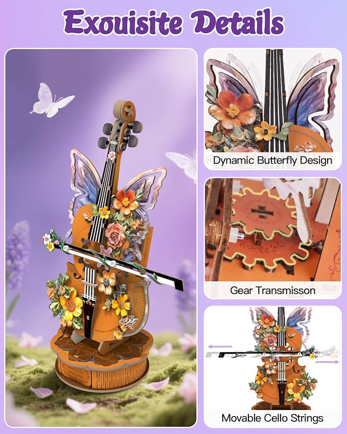 3D Wooden Puzzles for Adults, DIY Cello Model Kit with Base, 80pcs Wooden Music Box Desk Birthday Hobbies Craft for Women Men Home Decor