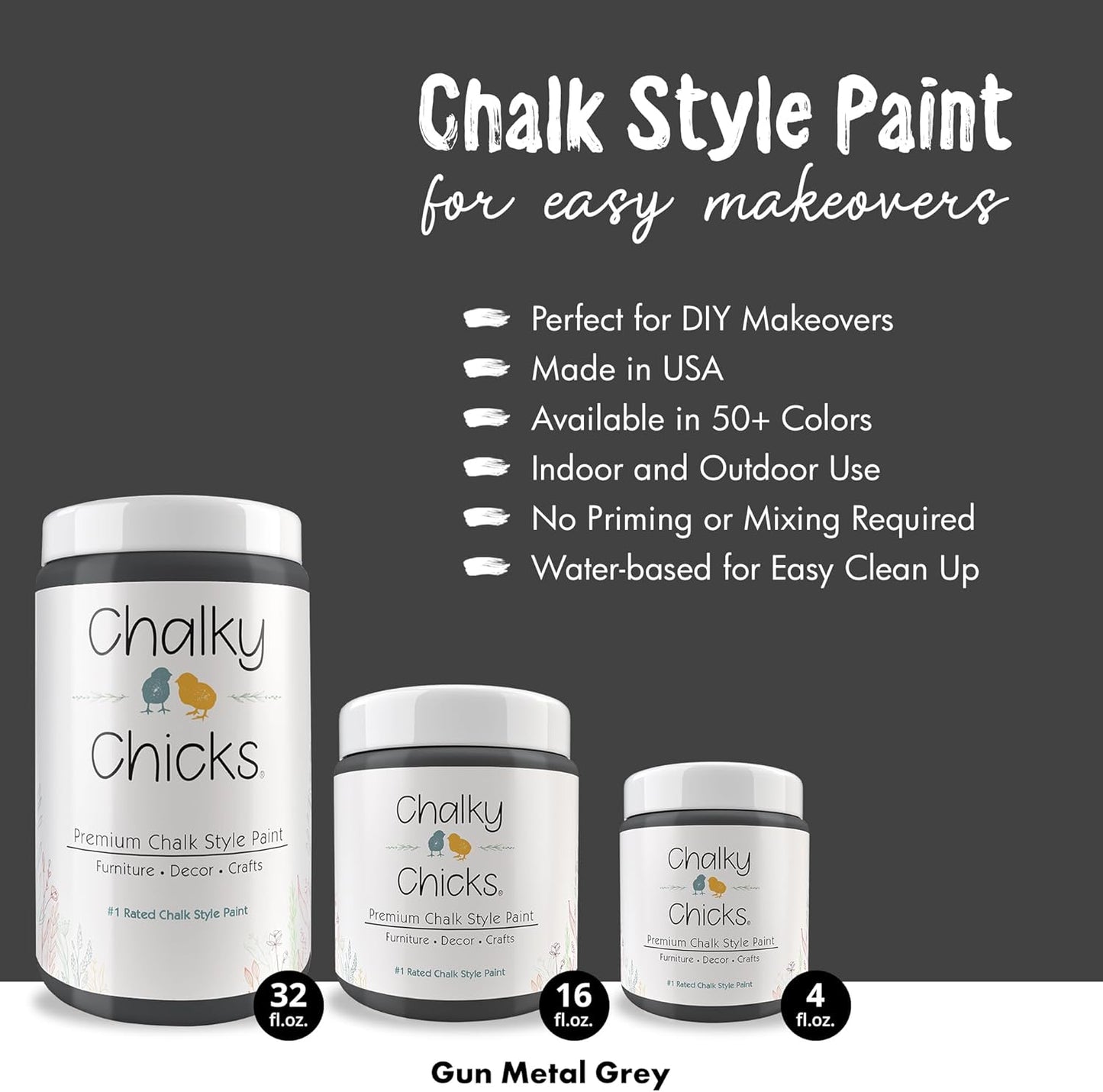 Chalky Chicks All-in-One Chalk Paint for Furniture or Cabinet -32Fl Oz-Matte Finish Gun Metal Gray (Dark Gray) for Metal, Wood Furniture Paint - No Sanding All-in-One for Home Decor & Crafts, USA Made