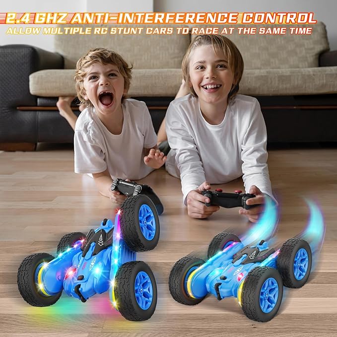 Remote Control Car, Rc Cars Stunt Toys New Upgraded Strip Lights and Headlights Toys Double-Sided 360° Rotating 4WD Drift Truck for Boys Girls Birthday Gift (Blue)