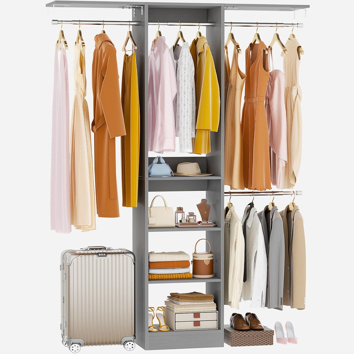 48" Small Closet Organizer, 4FT Small Closet System with 4 Closet Rods & 3 Shelves, 80"H Small Closet Organizers and Storage for Small Bedooms, Cloakrooms, Laundry Rooms, Gray