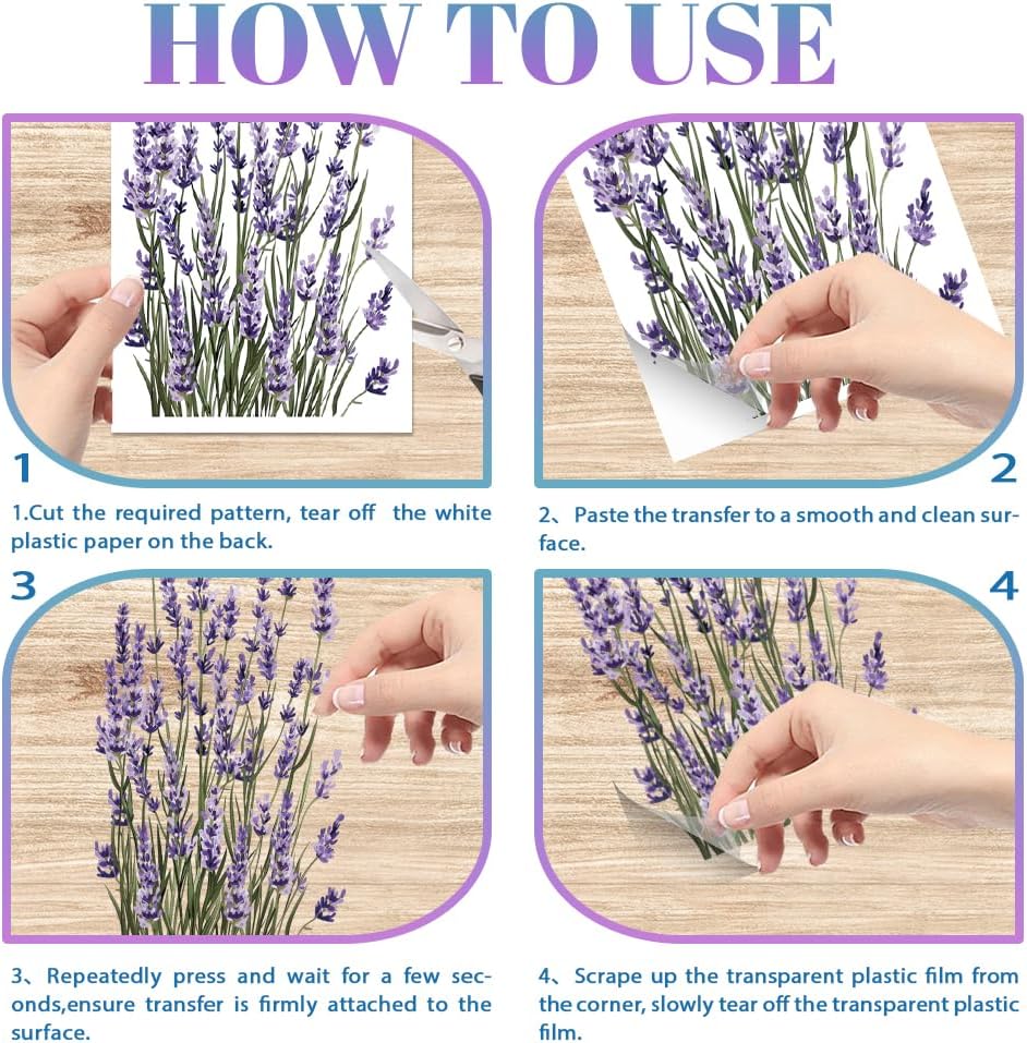 GLOBLELAND 4 Sheets Lavender Furniture Transfer 6x12inch Butterfly and Bee Rub on Transfer Sticker UV Self-Adhesive Wall Art Craft for Bedroom Living Room Desk Table Decoration