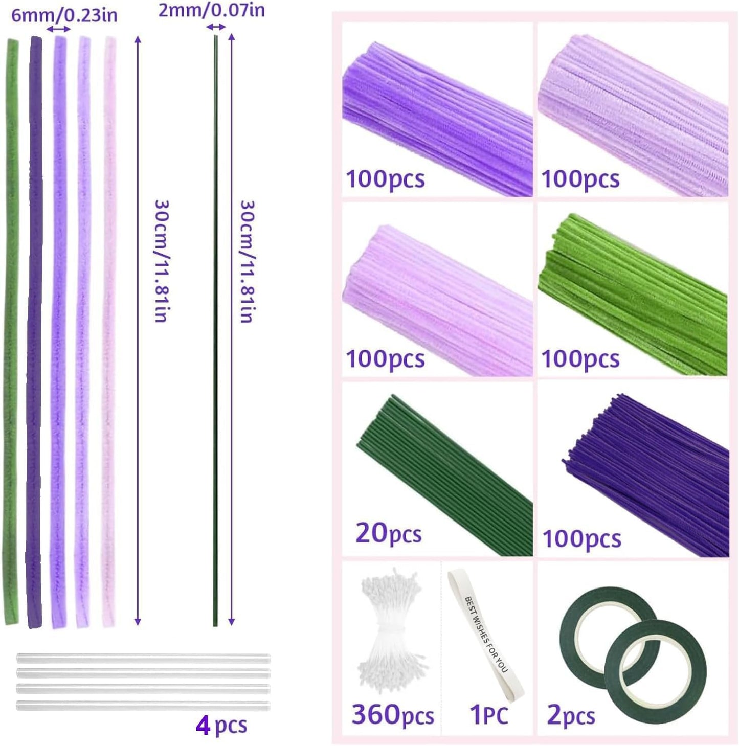 500 Pcs Pipe Cleaners Craft，5 Colors Pipe Cleaners Bulk,Chenille Stems Flowers Craft kit for DIY Handmade Bouquet Wrapping Party Decorations Whit Ribbons，Stems,Tape，Stamens, Glue Sticks (Purple)