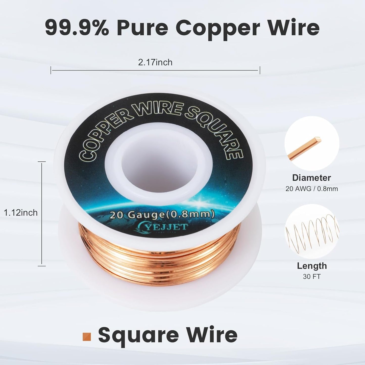 20 AWG Square Copper Wire - 0.8x0.8mm Thin Craft Wire, 30ft - Fine Jewelry, Wire Crochet, and Micro Electronics