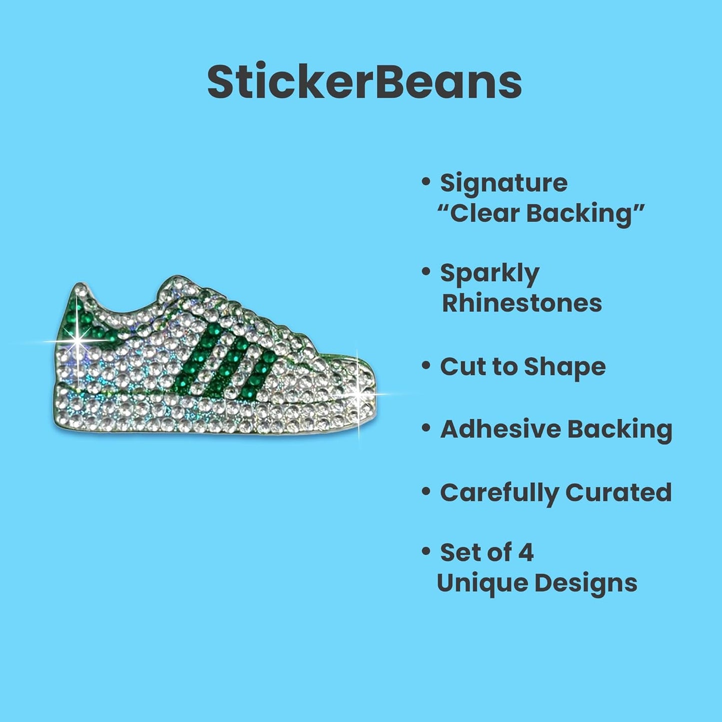 StickerBeans® Rhinestone Stickers - Green Spirit 4-Pack, 2” x 2” Each, Unique Sparkly Cut-to-Shape for Collecting, Trading, Decorating Laptops, Phone Cases, Scrapbooks for Kids, Teens, & Adults