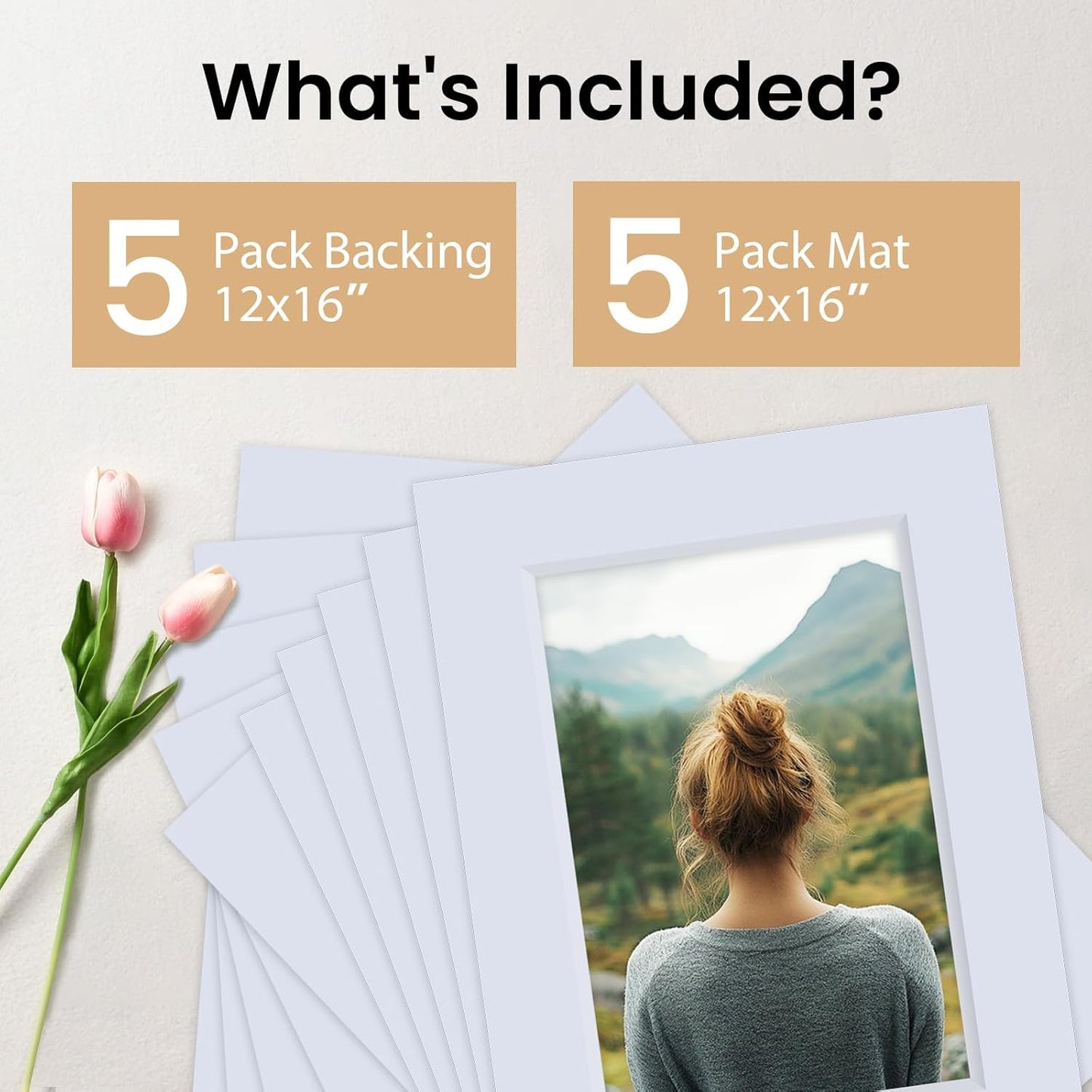 Falling in Art 5 Pack Acid Free 12x16'' White Picture Mats Board Show Kit for 8x12'' Photos, 4-Ply Beveled Pre-Cut Photo Mats with Backing Board for Frames, Artwork and Prints