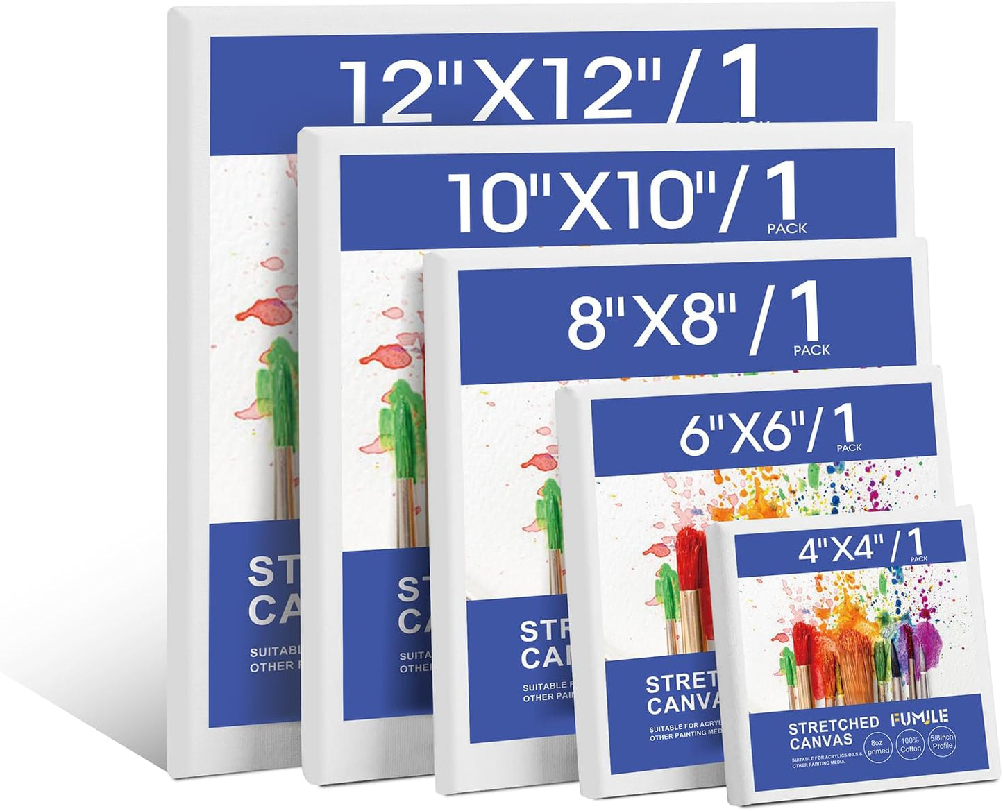 FUMILE Stretched Canvas for Painting Multi 5 Pack Square Canvas 4x4,6x6,8x8,10x10,12x12(1 of Each), Cotton Primed Acid Free Blank Canvases for Oil Paint, Acrylic Paint, Gouache and Tempera.