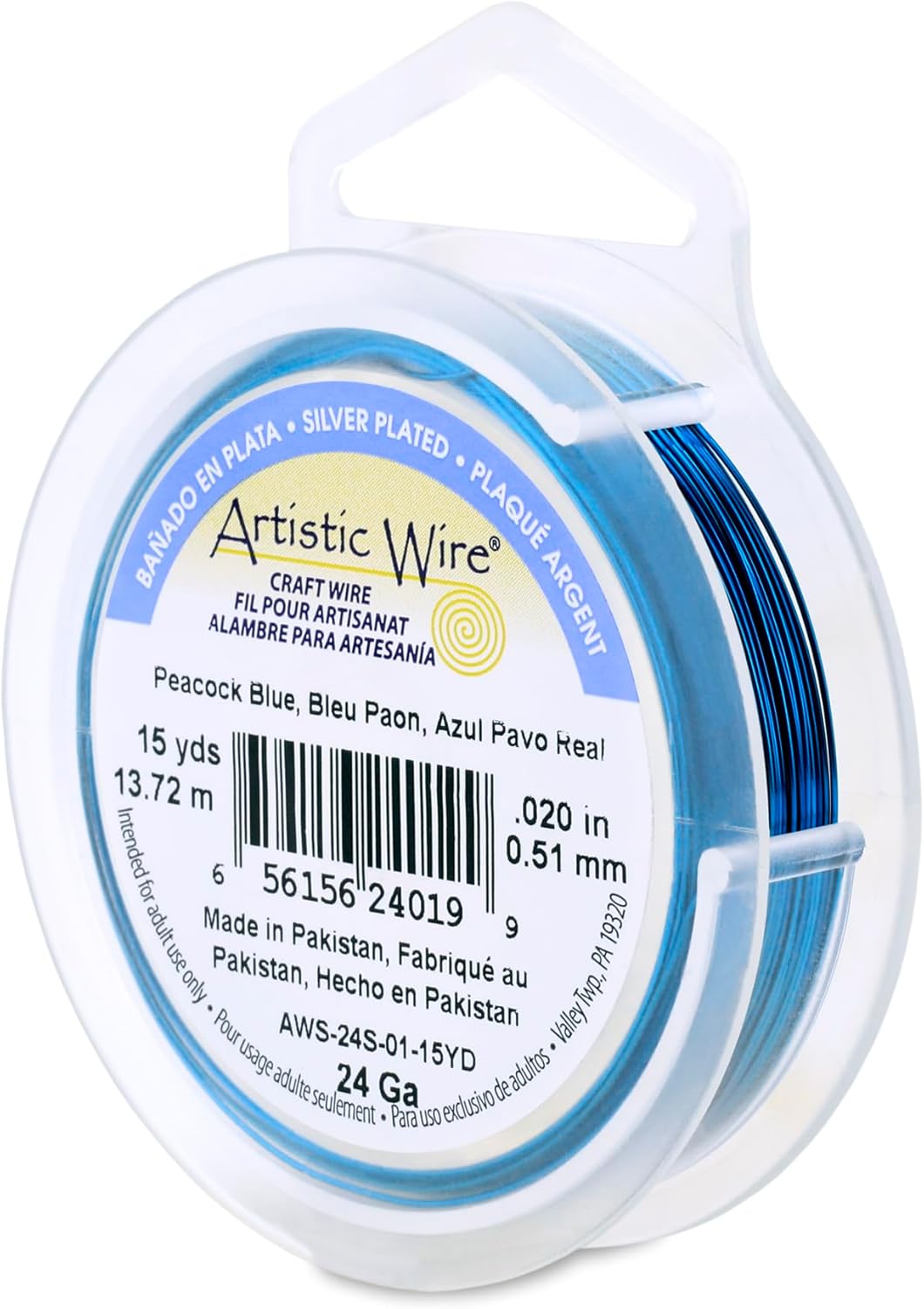 Artistic Wire, 24 Gauge Silver Plated Tarnish Resistant Colored Copper Craft Wire, Peacock Blue, 15 yd
