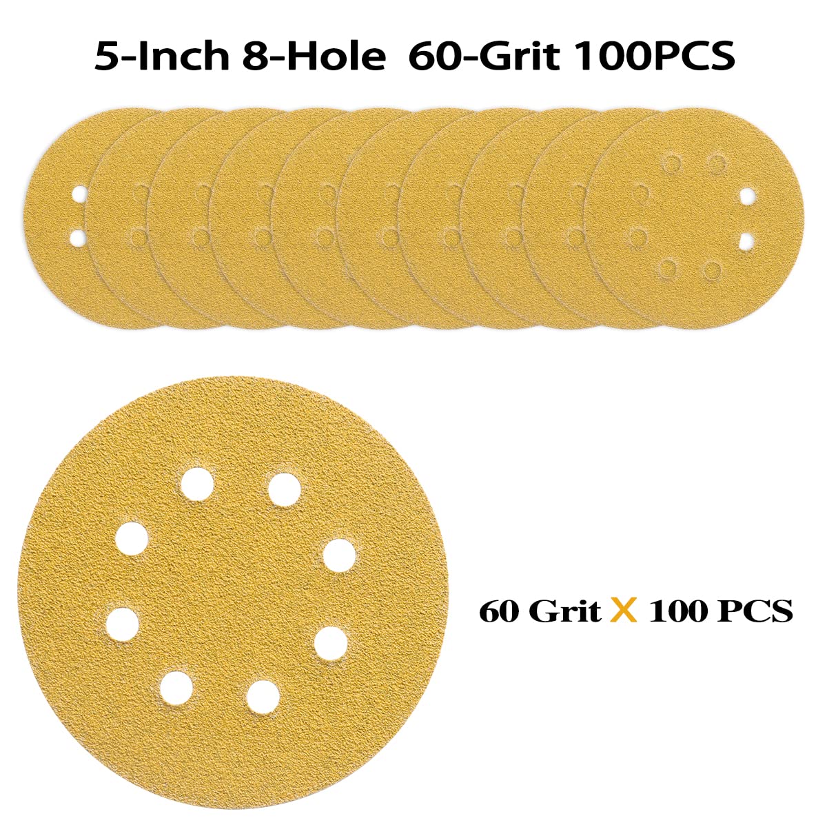 100PCS 5 Inch 8 Hole Sanding Discs 60 Grit,Gold Round Hook and Loop Sandpaper for Random Orbital Sander