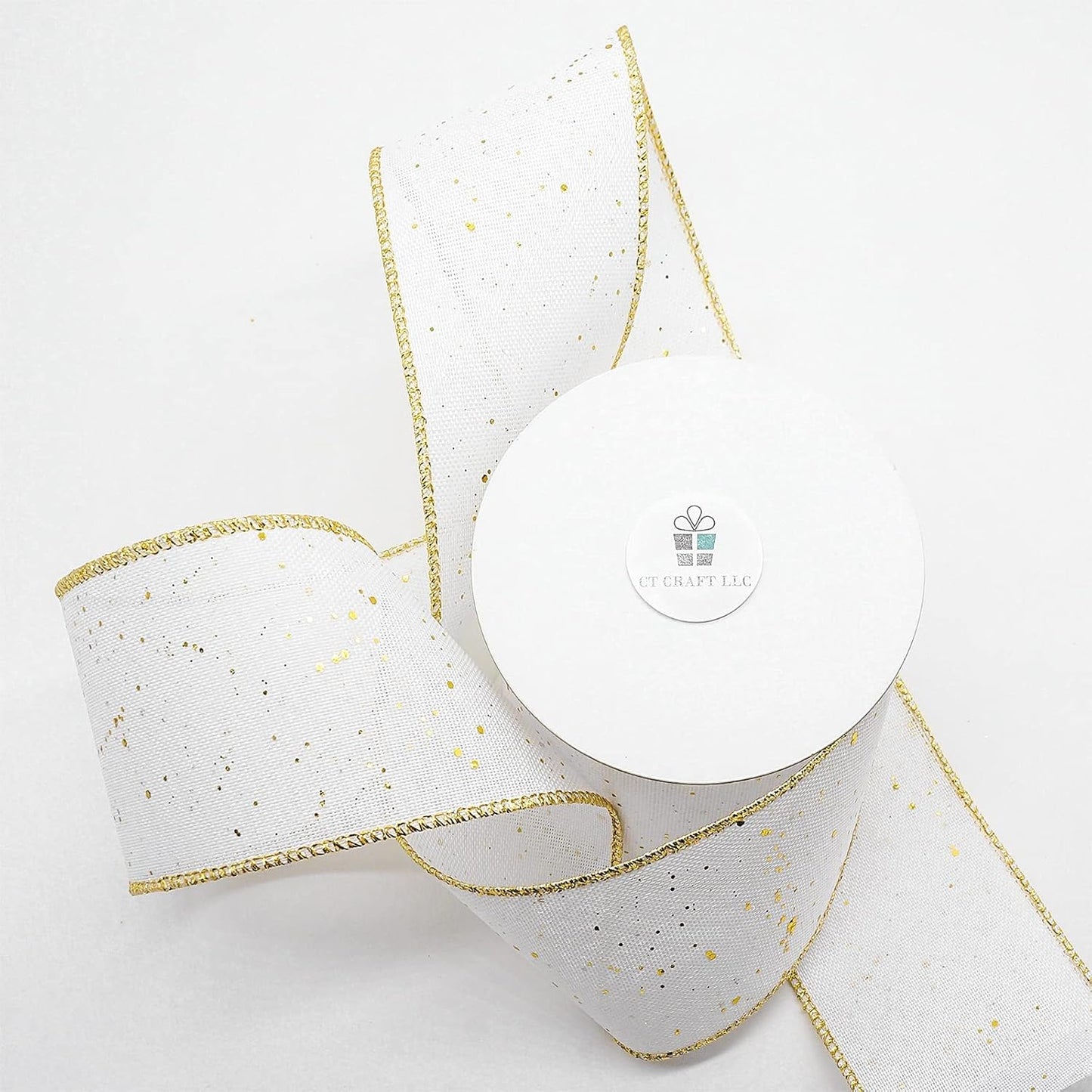 CT CRAFT LLC Whtie Burlap Fabric Confetti Glitter Wired Ribbon 2.5" x 10 Yards White Color for Christmas Home Wedding Decor Gift Wrapping Tree Topper Bow Wreath Bouquet DIY Crafts