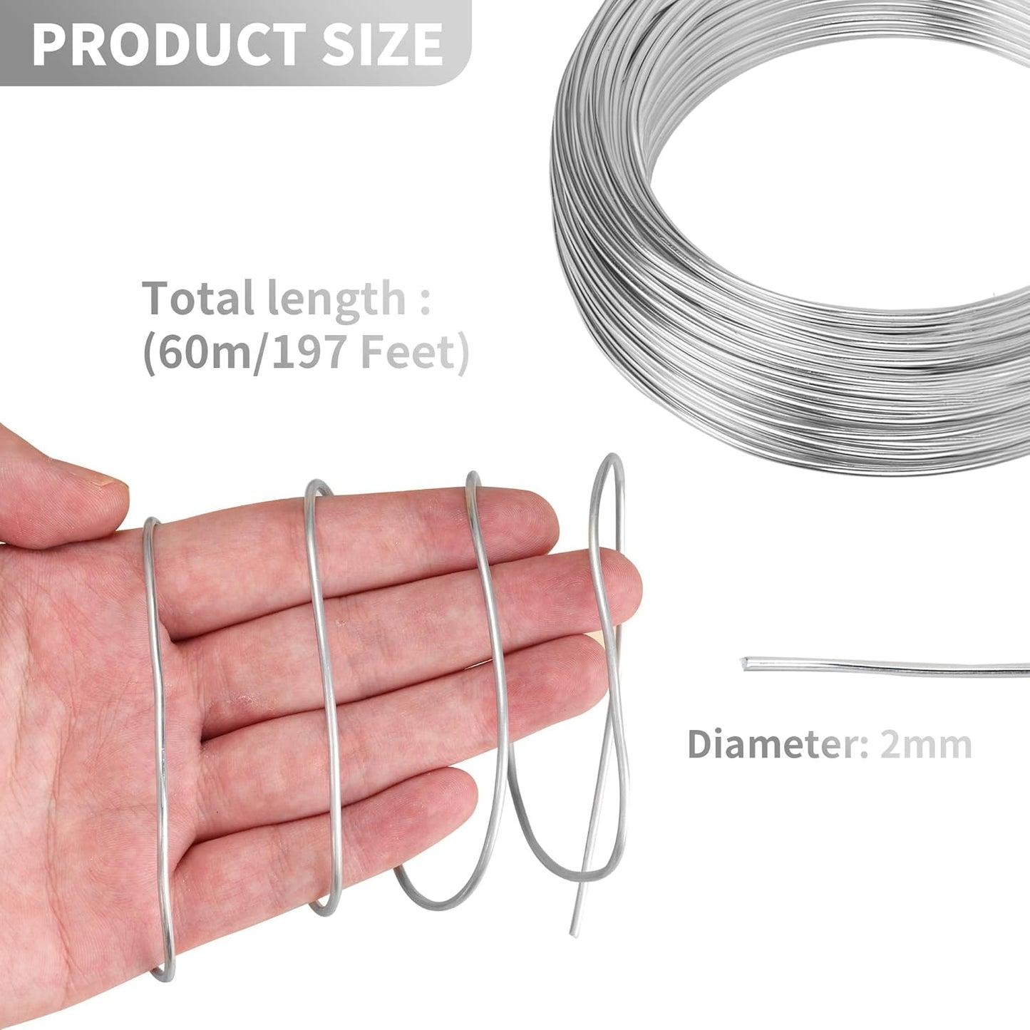 196 Feet Aluminum Wire for Sculpting, 12 Gauge Metal Bendable Wires 2 mm Thickness, Flexible Craft Aluminum Wire for Jewelry Making Beading Floral Soft DIY (Silver)