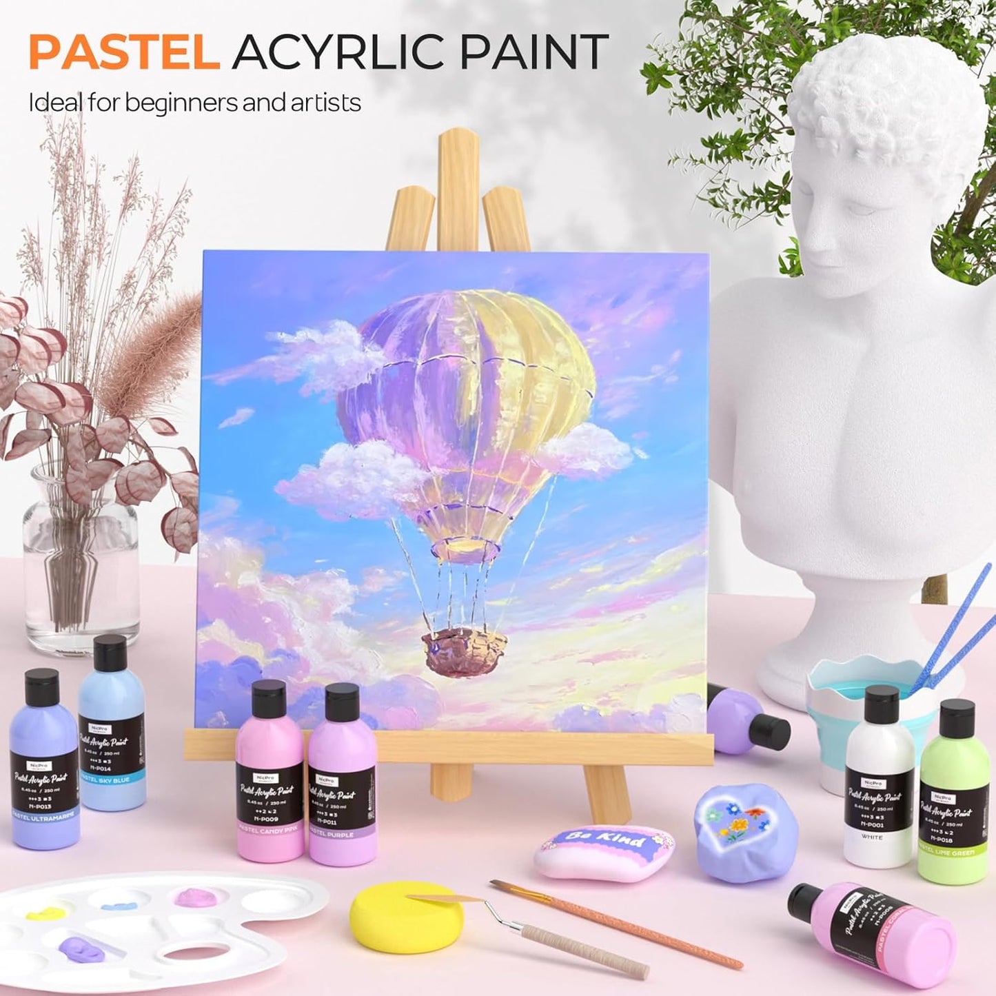 Nicpro 20 Colors Pastel Acrylic Paint Set (8.45 oz, 250 ml), Large Bulk Pastel Acrylic Paint, Non Toxic Art Painting Supplies for Canvas, Rock, Wood, Fabric, Ceramic, Craft, with Knife Color Wheel