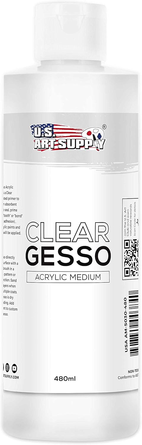 U.S. Art Supply Clear Gesso Primer (16oz) for Oil & Acrylic Painting - Enhances Blending & Canvas Paint Prep - Mixable Clear Gesso Primer for Acrylic Painting