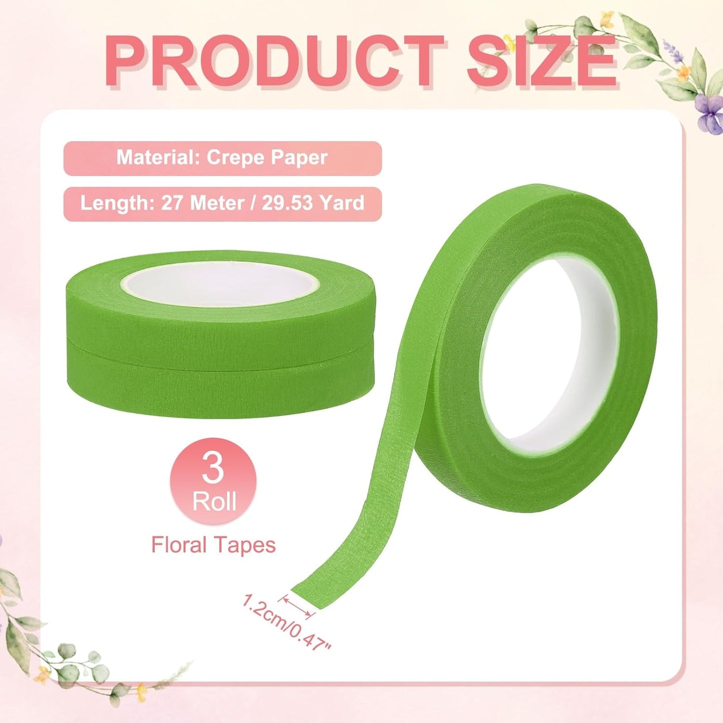 MECCANIXITY 3 Rolls Floral Tapes, 30 Yard x 1/16 in Florist Crepe Flowers Bouquets Tape Adhesive Waterproof for Flower Arranging Wrapping, Fruit Green