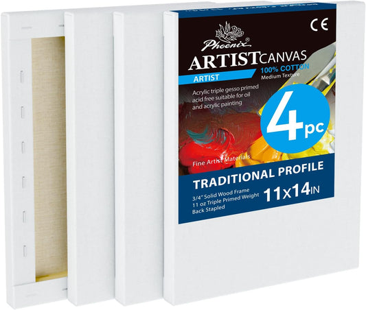 PHOENIX 11x14 Inch 4 Pack Artist Canvas - Stretched Canvases for Painting - 3/4 Inch Profile, 100% Cotton 11 Oz. Gesso Primed White Blank Professional Canvas Oil & Acrylic Paints