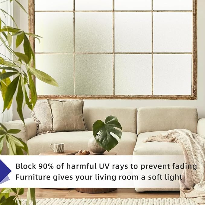 Frosted Glass Window Privacy Film Non-Adhesive Static Cling Bathroom Decorative Stickers Heat Control UV Blocking Opaque Glass Window Coverings Film for Home Front Door Office (35.4 Inch x 19.68 Feet)