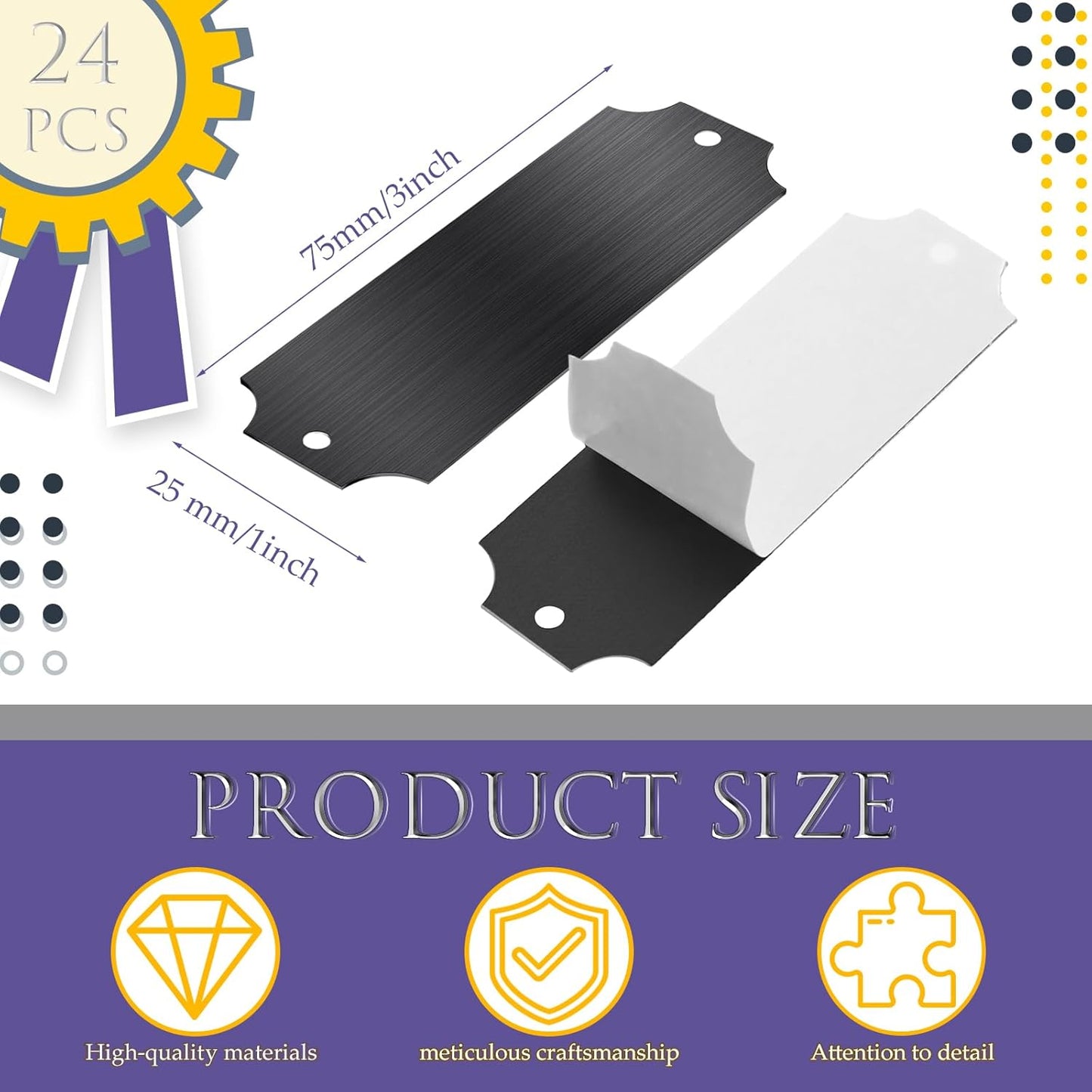 24 Pcs Personalized Name Plates Laser Engraved 1" x 3" Solid Brushed Metal Plaque Trophy Plate Blank Name Tag with Adhesive Backing and Screws for DIY(Black,Notched Corner)