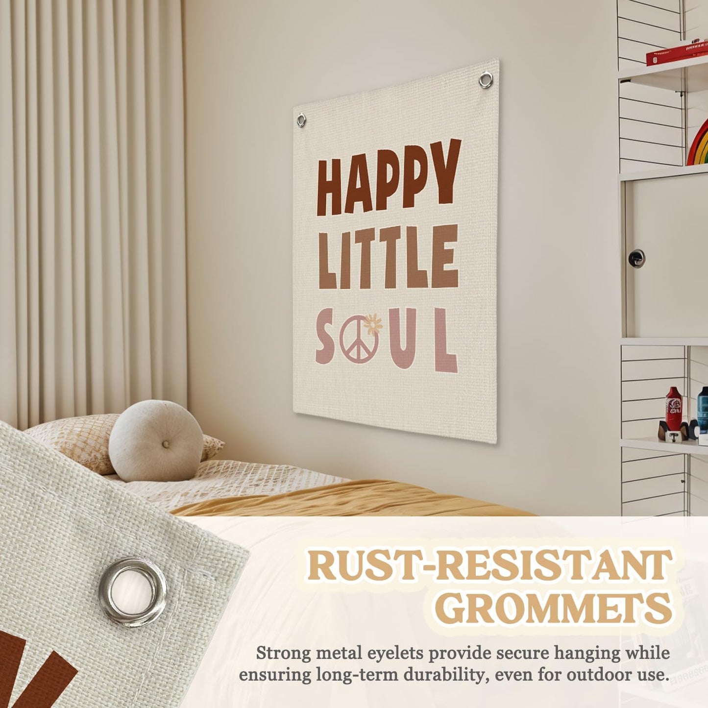 Nursery Wall Decor,Kids Room Decor,Happy Little Soul Linen Canvas Banner,Boho Inspirational Wall Hanging for Girls Bedroom,Nursery,Playroom 18x25 Inch